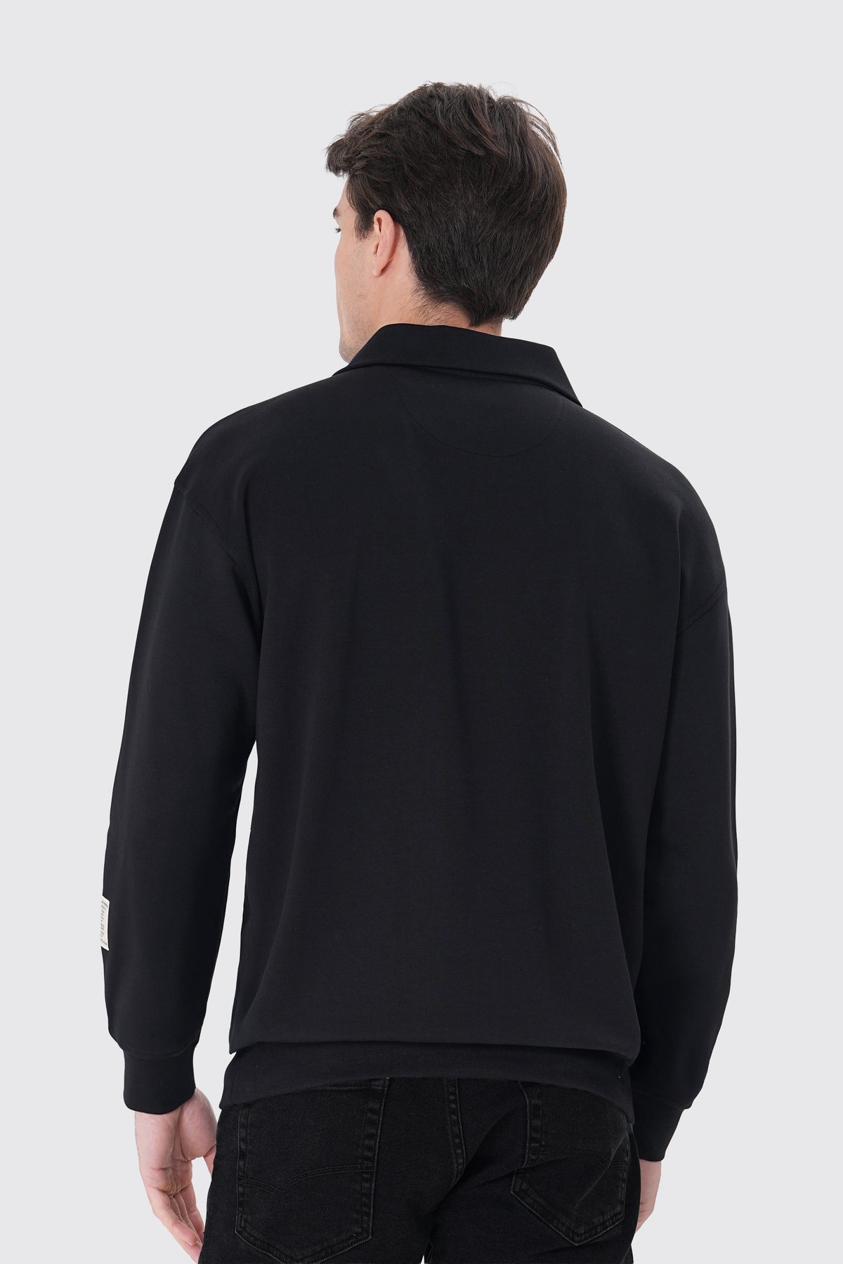 Polo Yaka Logo Nakışlı Sweatshirt, Siyah - 5