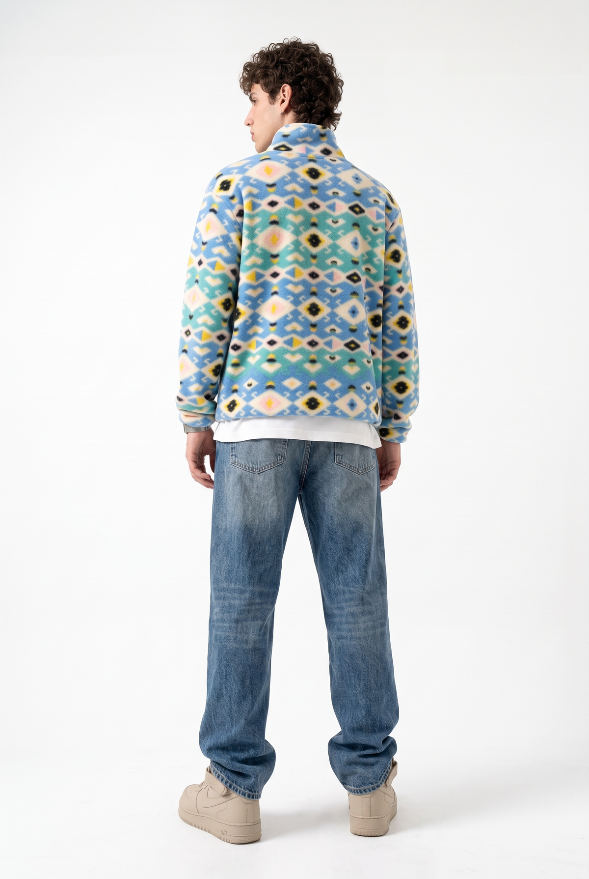 Fermuarlı Beli Büzgülü Oversize Polar Sweatshirt, Mavi-Sarı - 3