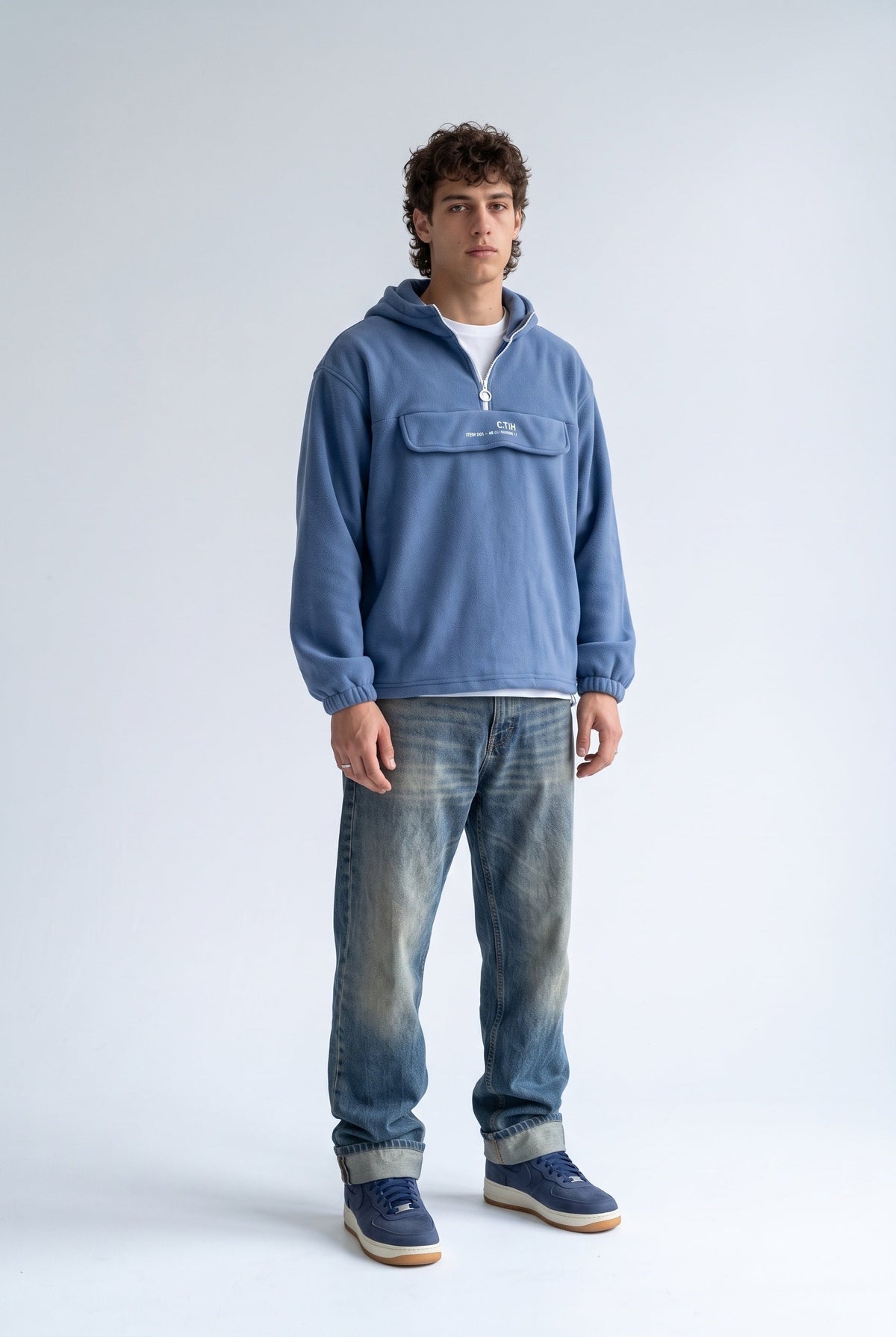 Yarım Fermuarlı Kapüşonlu Polar Sweatshirt, Koyu Mavi - 2