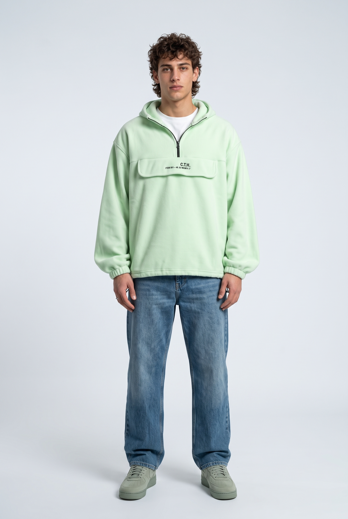 Yarım Fermuarlı Kapüşonlu Polar Sweatshirt, Yeşil - 0