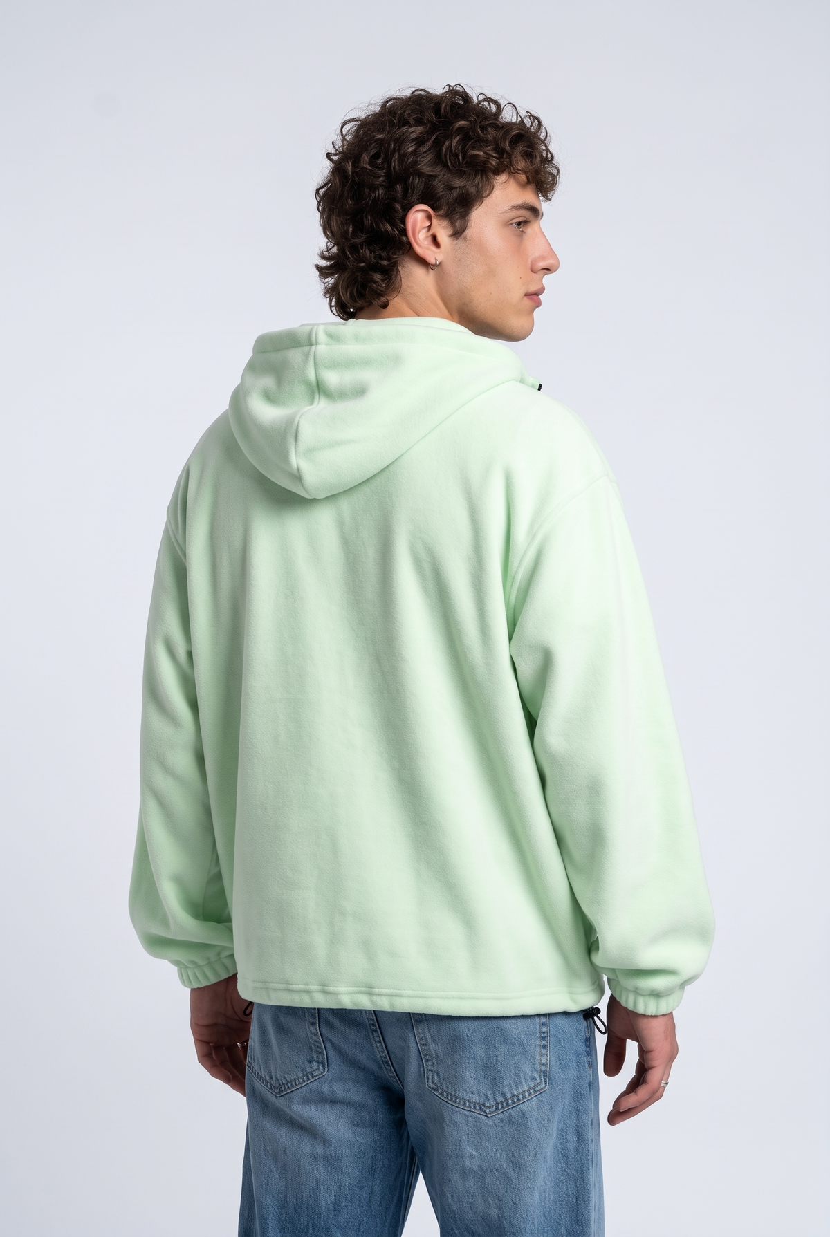 Yarım Fermuarlı Kapüşonlu Polar Sweatshirt, Yeşil - 3