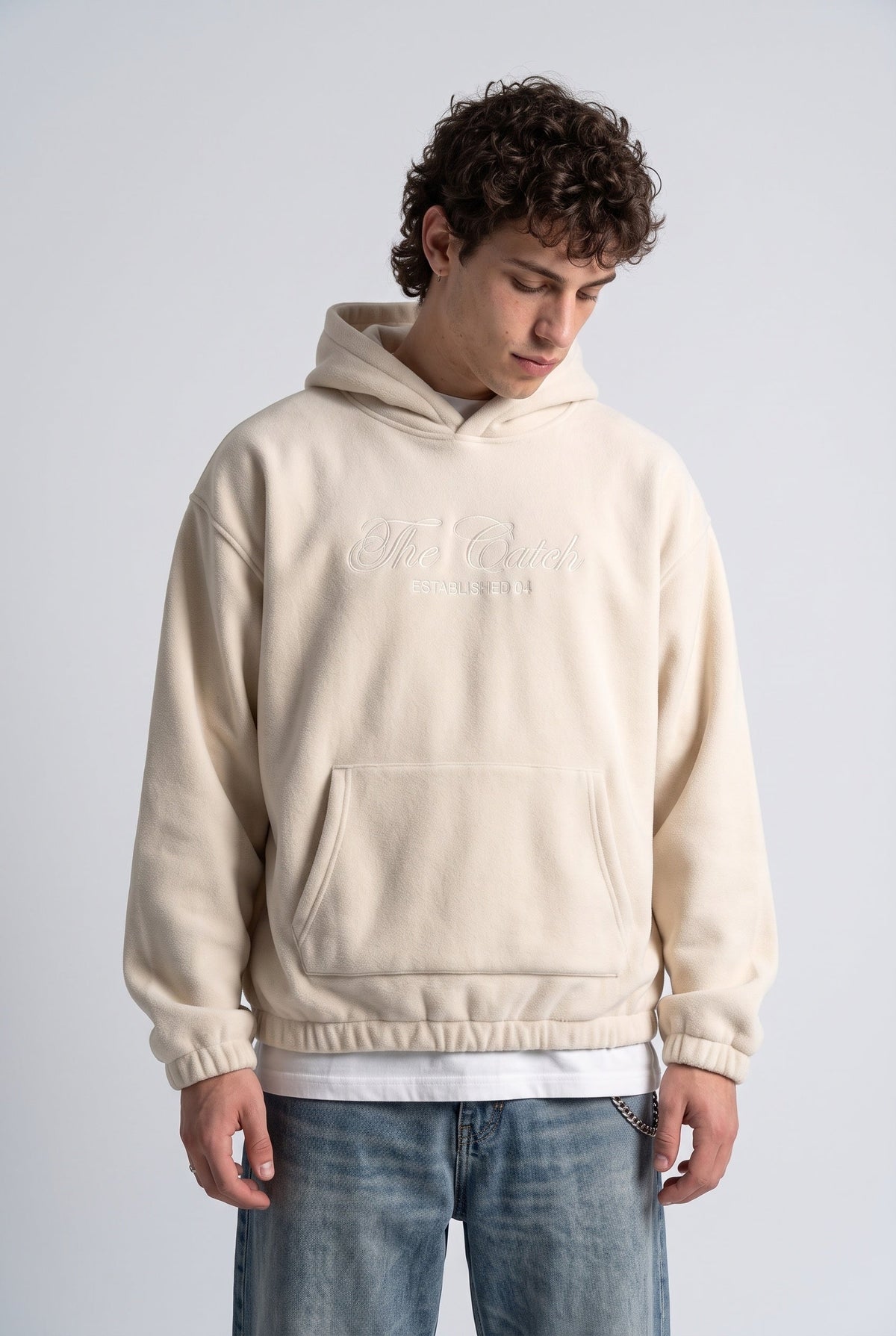 Kapüşonlu Kanguru Cepli Nakışlı Sweatshirt, Bej - 1