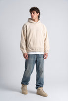 Kapüşonlu Kanguru Cepli Nakışlı Sweatshirt, Bej - 3