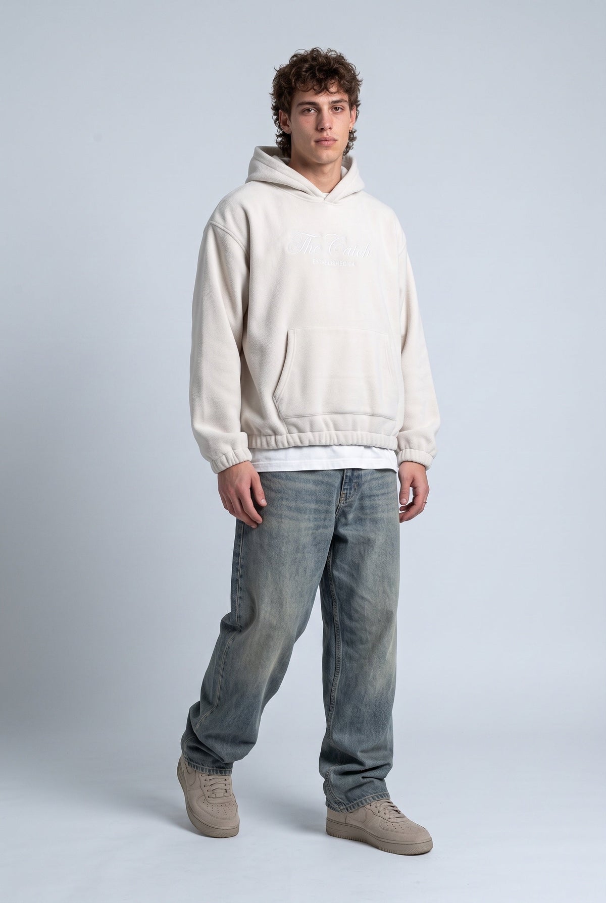 Kapüşonlu Kanguru Cepli Nakışlı Sweatshirt, Taş - 0