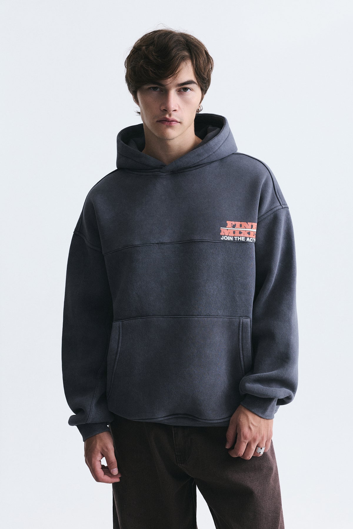 Yıkamalı Oversize Kapüşonlu Sweatshirt, Füme - 0