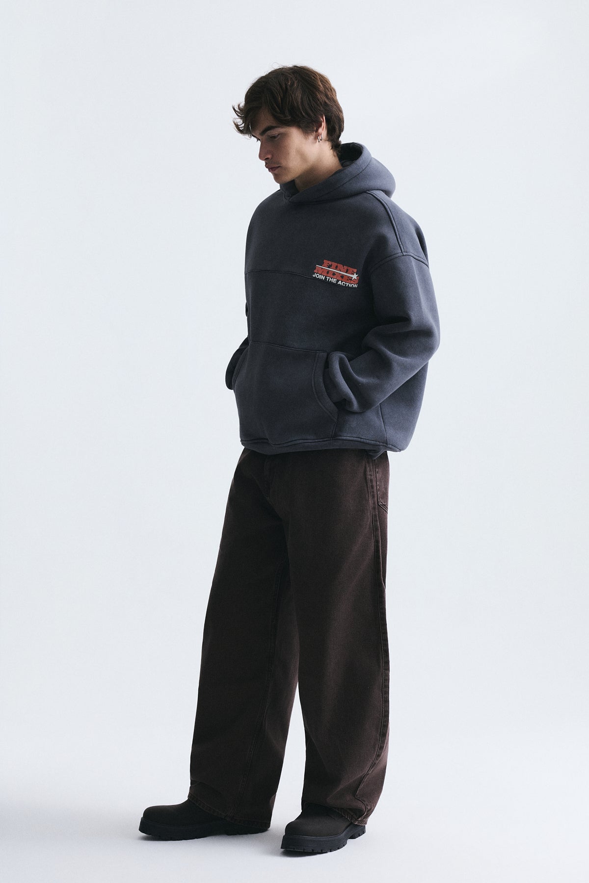 Yıkamalı Oversize Kapüşonlu Sweatshirt, Füme - 2