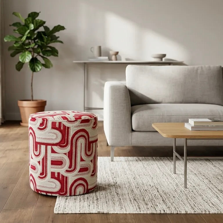 Ruby Puf - Kırmızı Geometrik Desenli - 2