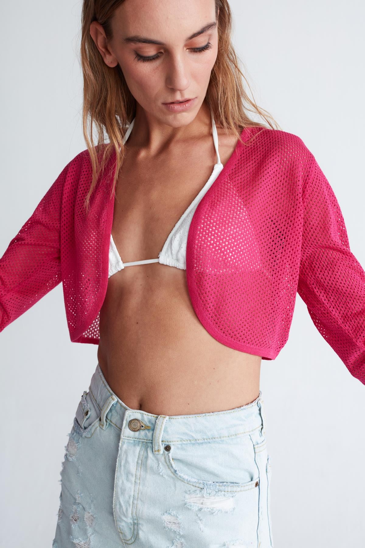 Peraluna Butterfly Bolero File Örgü Uzun Kol Triko Kadın Bolero - Magenta Pembe