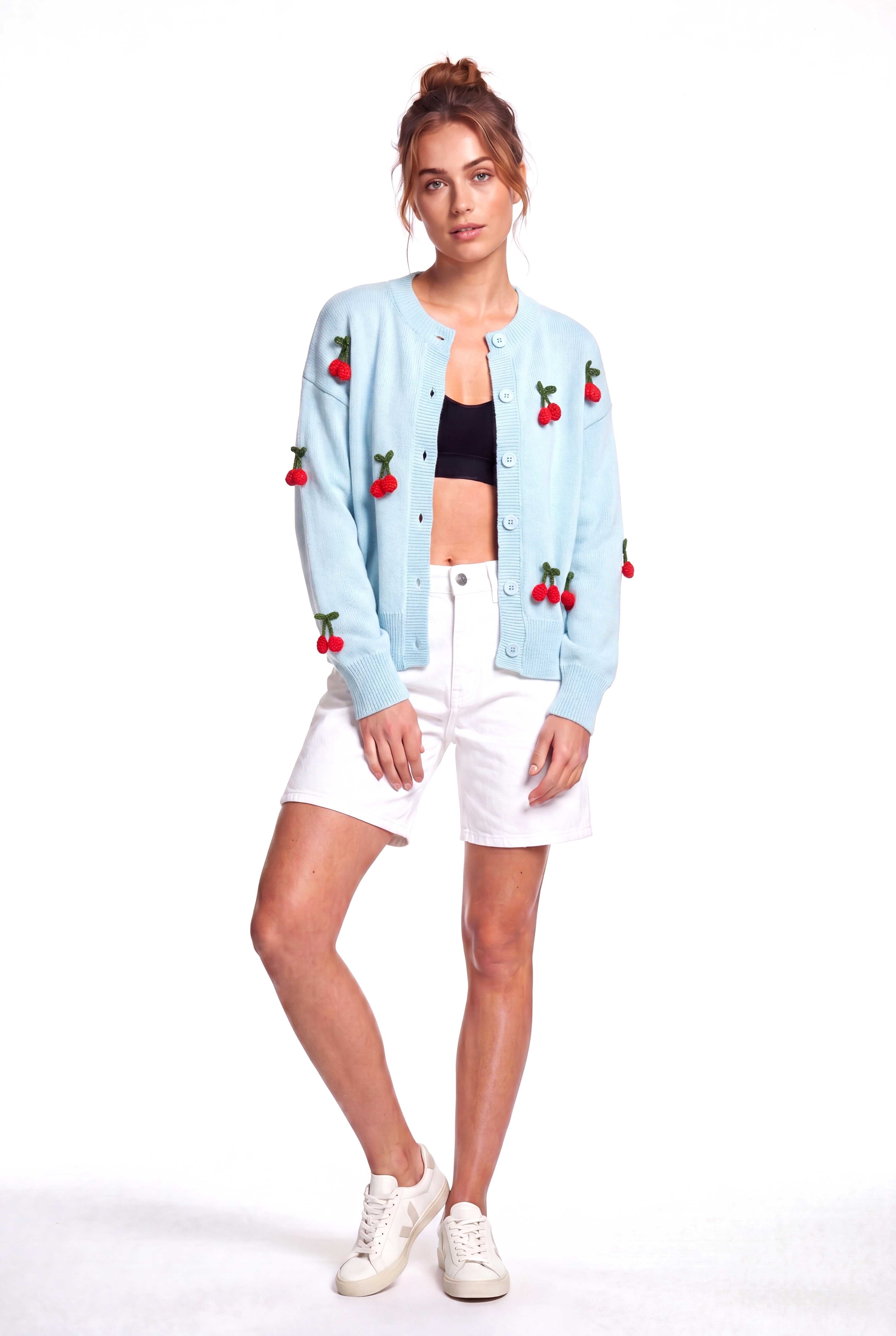 Peraluna Cherry Cardigan Organik Pamuk Kadın Hırka - Açık Mavi