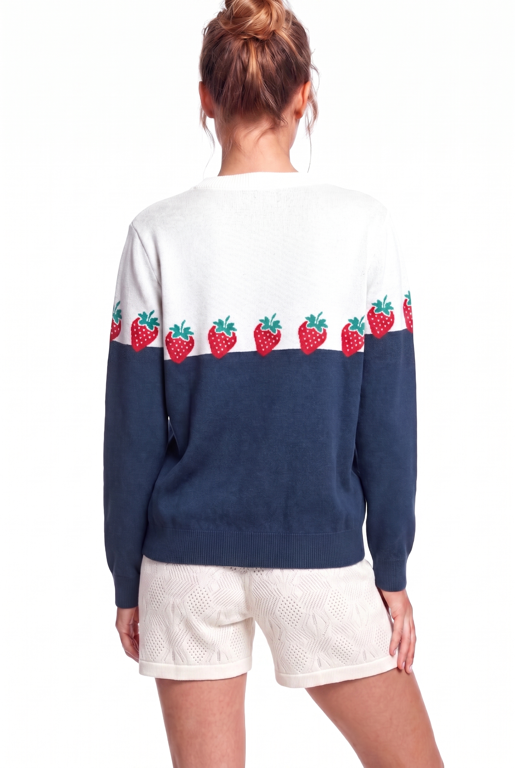 Peraluna Strawberry Kazak, O Yaka Kadın Triko Mevsimlik Kazak - Lacivert