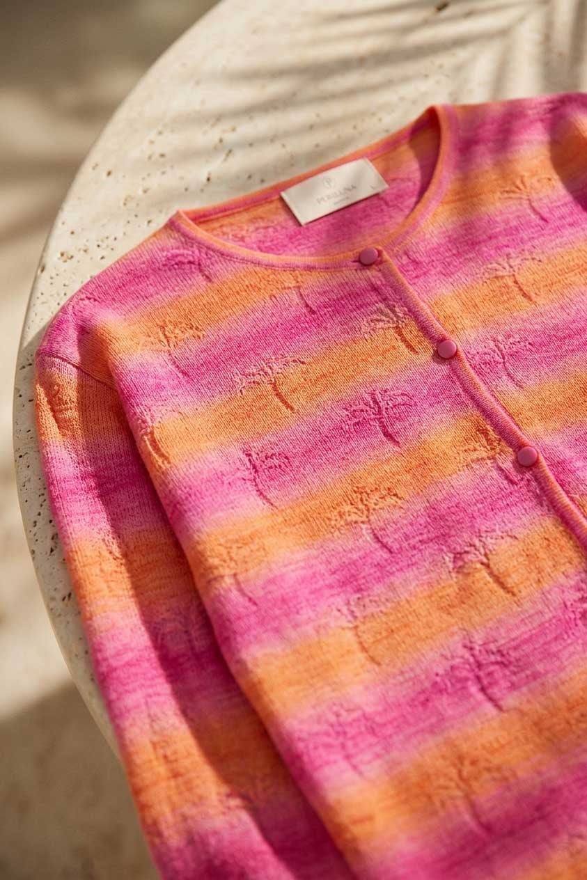 Peraluna Sunset Bloom Hırka, Kadın Yazlık Ince Triko Hırka - Pembe Turuncu Multi
