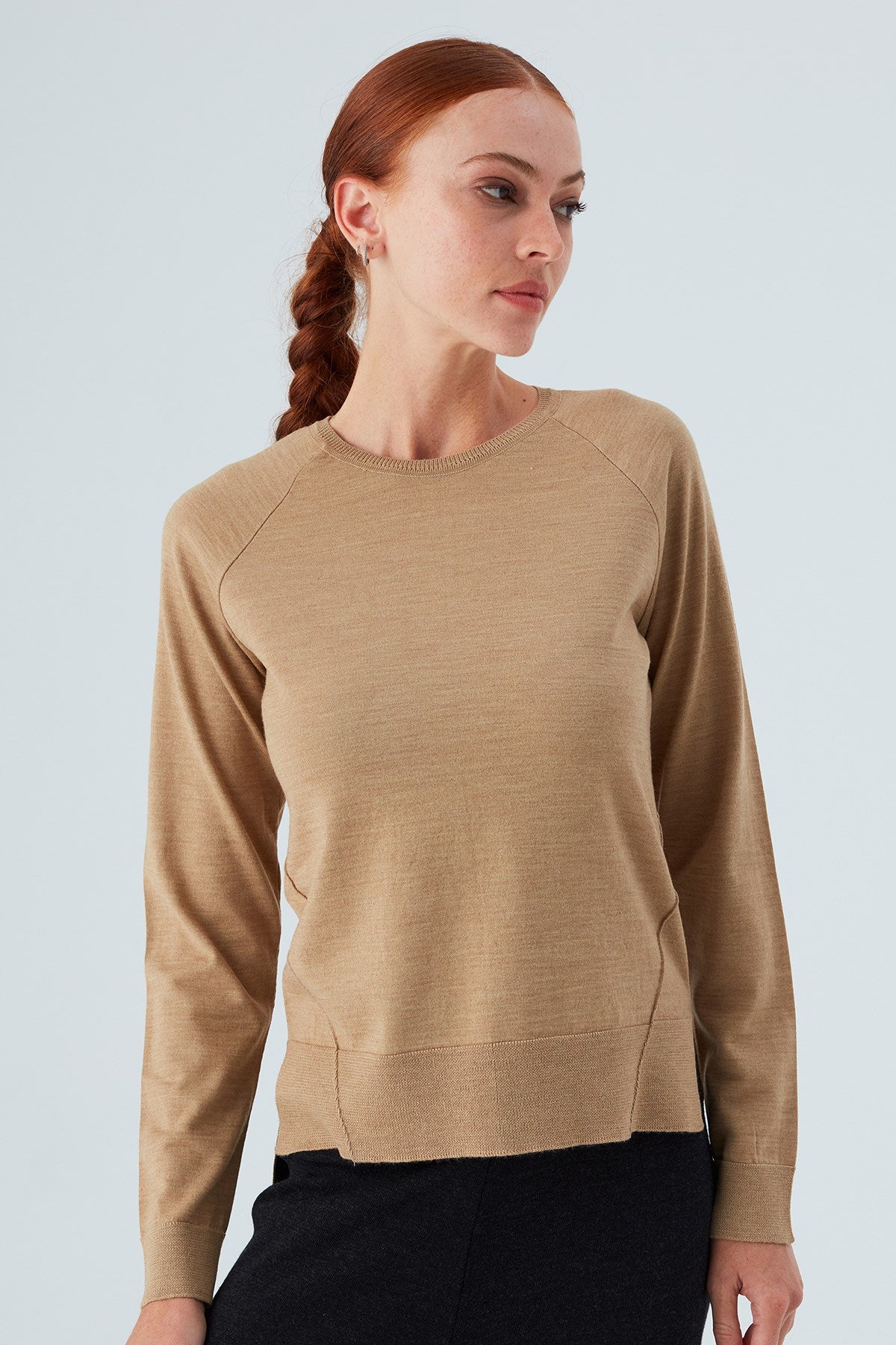 Peraluna Vanessa Pullover Merino Yünlü Yanları Yırtmaçlı Ince Kadın Triko Kazak - Camel Melanj