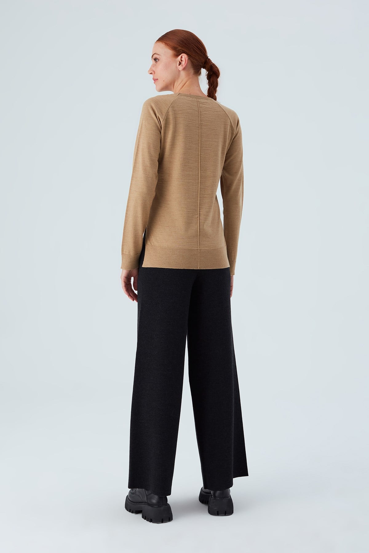Peraluna Vanessa Pullover Merino Yünlü Yanları Yırtmaçlı Ince Kadın Triko Kazak - Camel Melanj