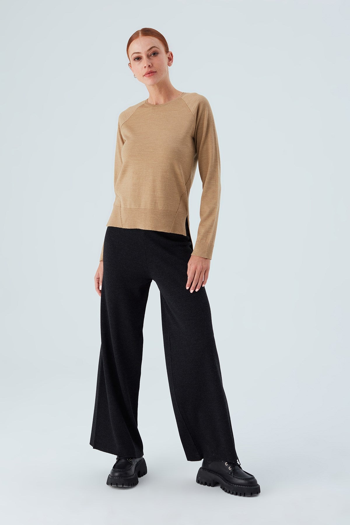 Peraluna Vanessa Pullover Merino Yünlü Yanları Yırtmaçlı Ince Kadın Triko Kazak - Camel Melanj