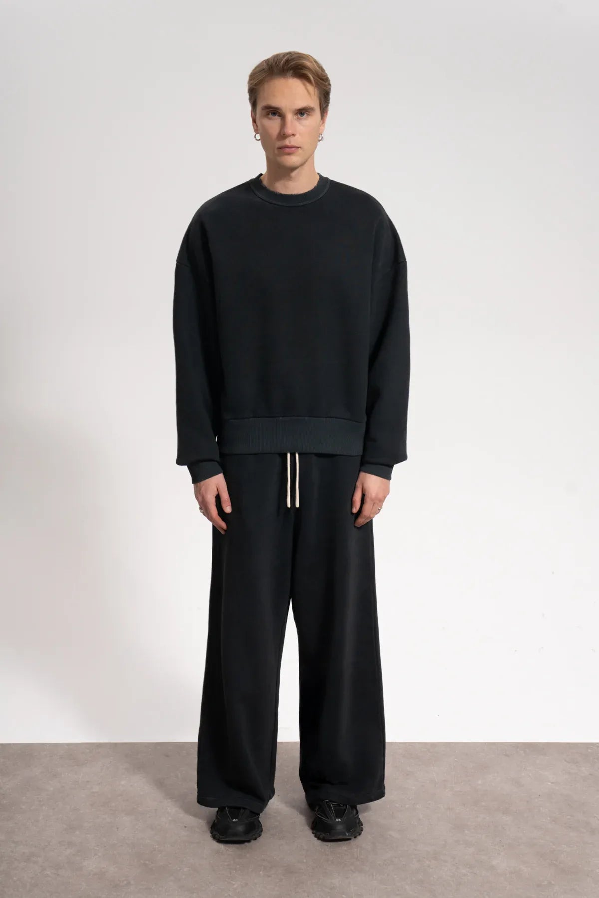 Erkek Oversized Washed Distressed Sweatshirt - Siyah