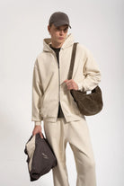 Erkek Oversized Washed Zip Hoodie - Bej