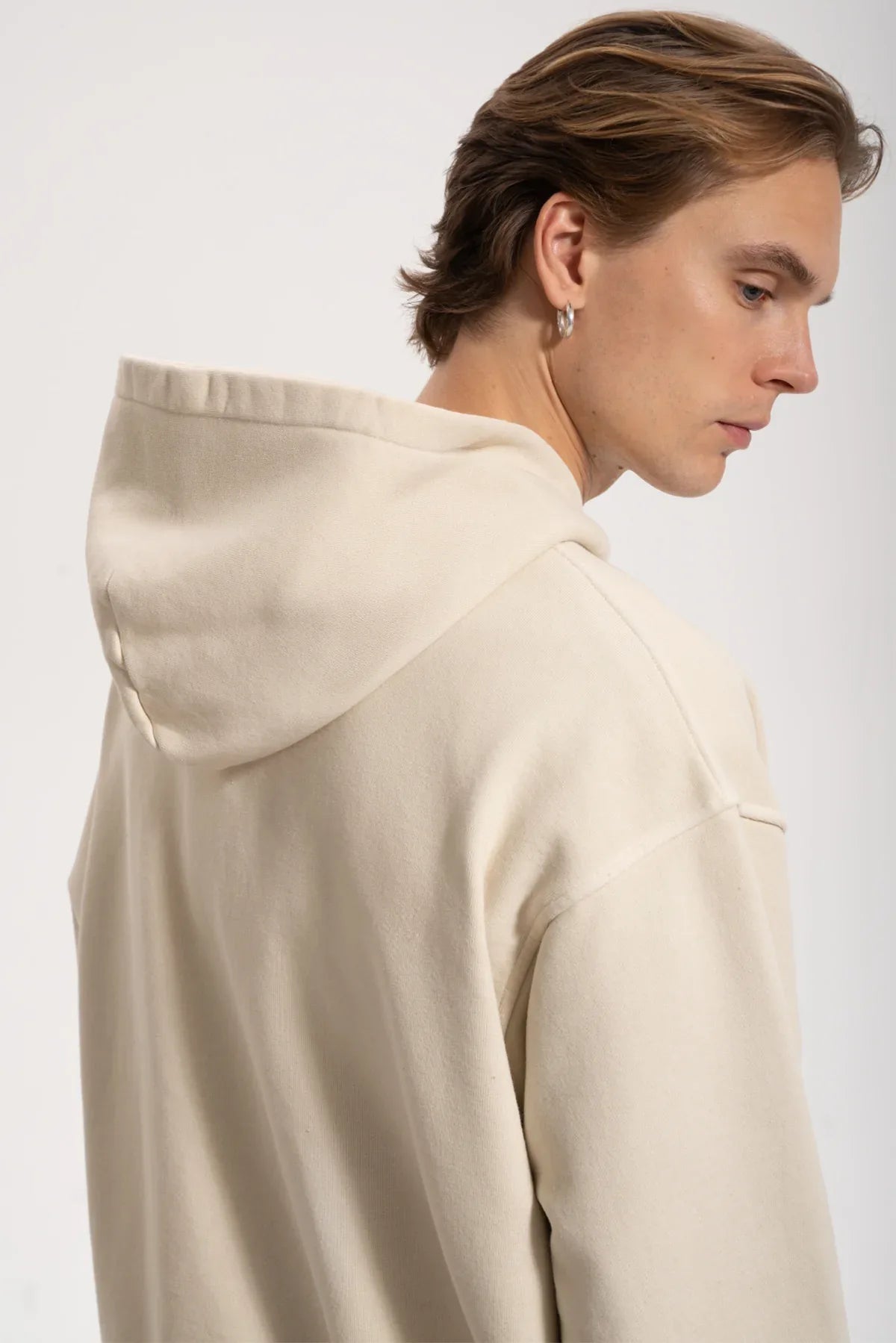 Erkek Oversized Washed Zip Hoodie - Bej