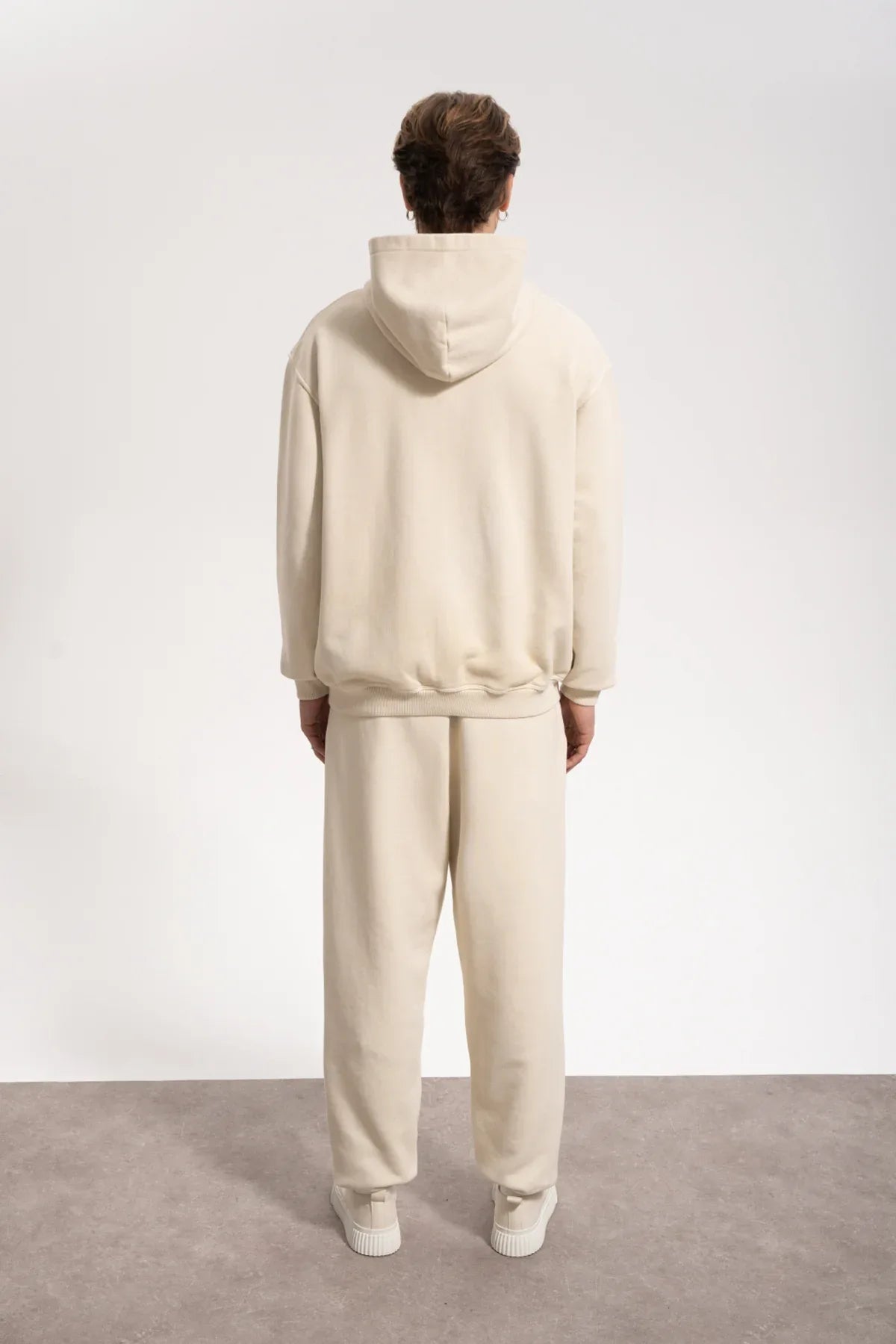 Erkek Oversized Washed Zip Hoodie - Bej