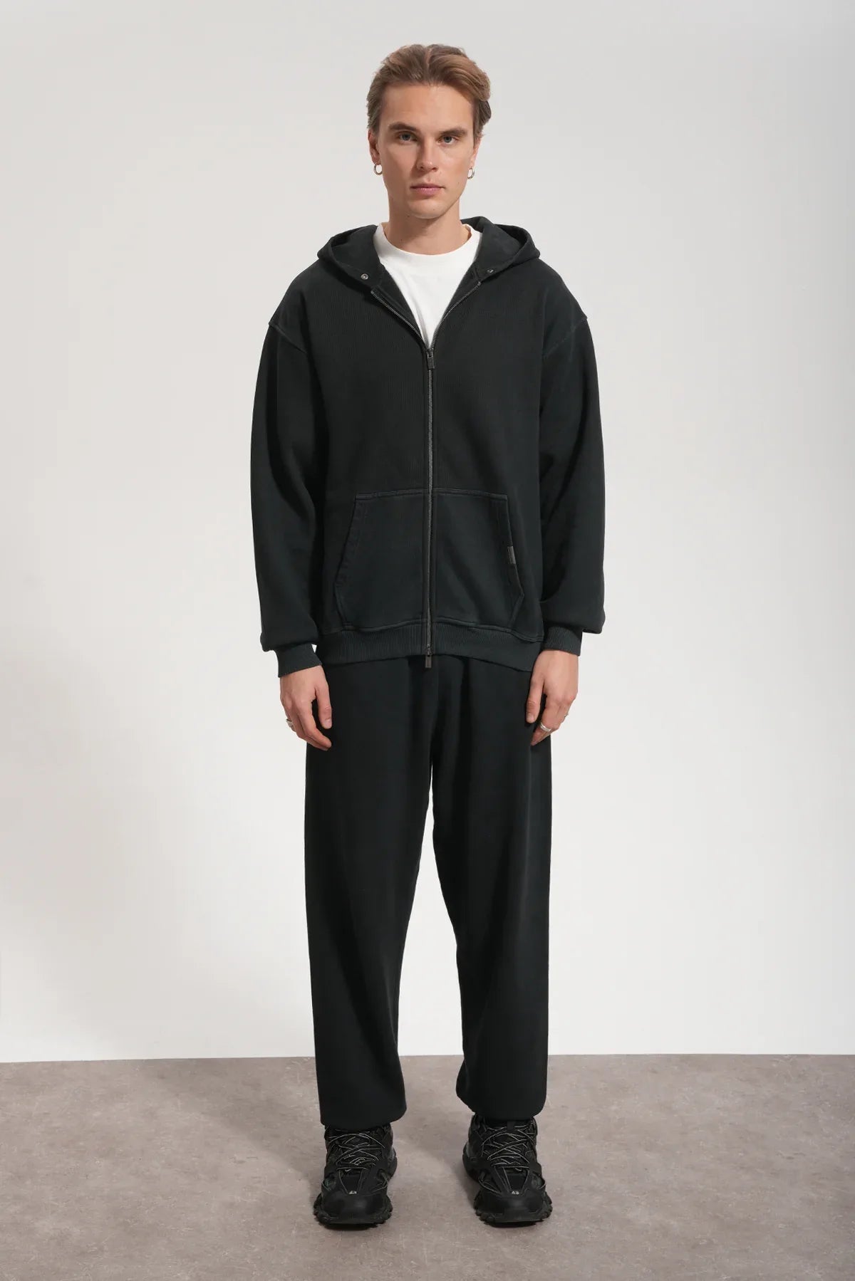 Erkek Oversized Washed Zip Hoodie - Siyah