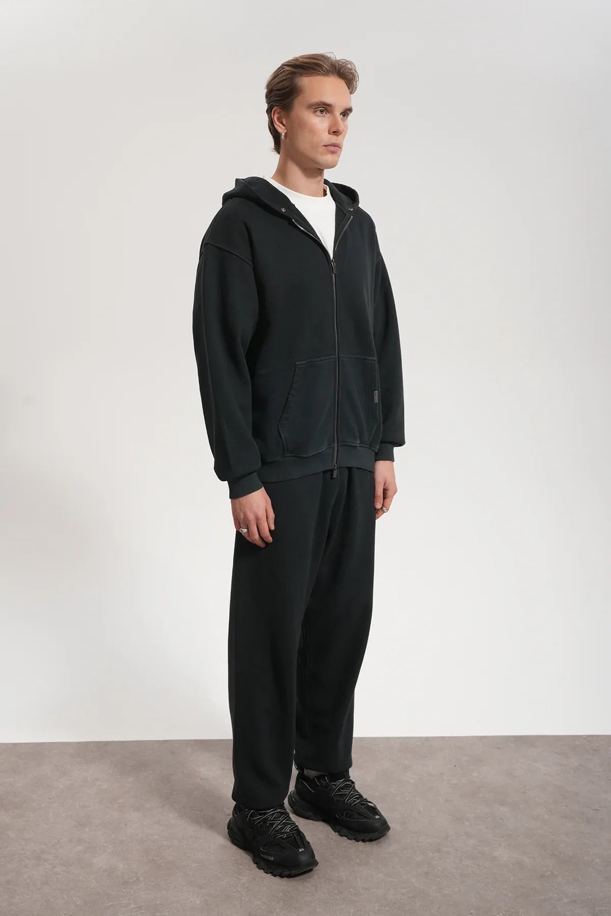 Erkek Oversized Washed Zip Hoodie - Siyah