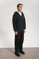 Erkek Oversized Washed Zip Hoodie - Siyah