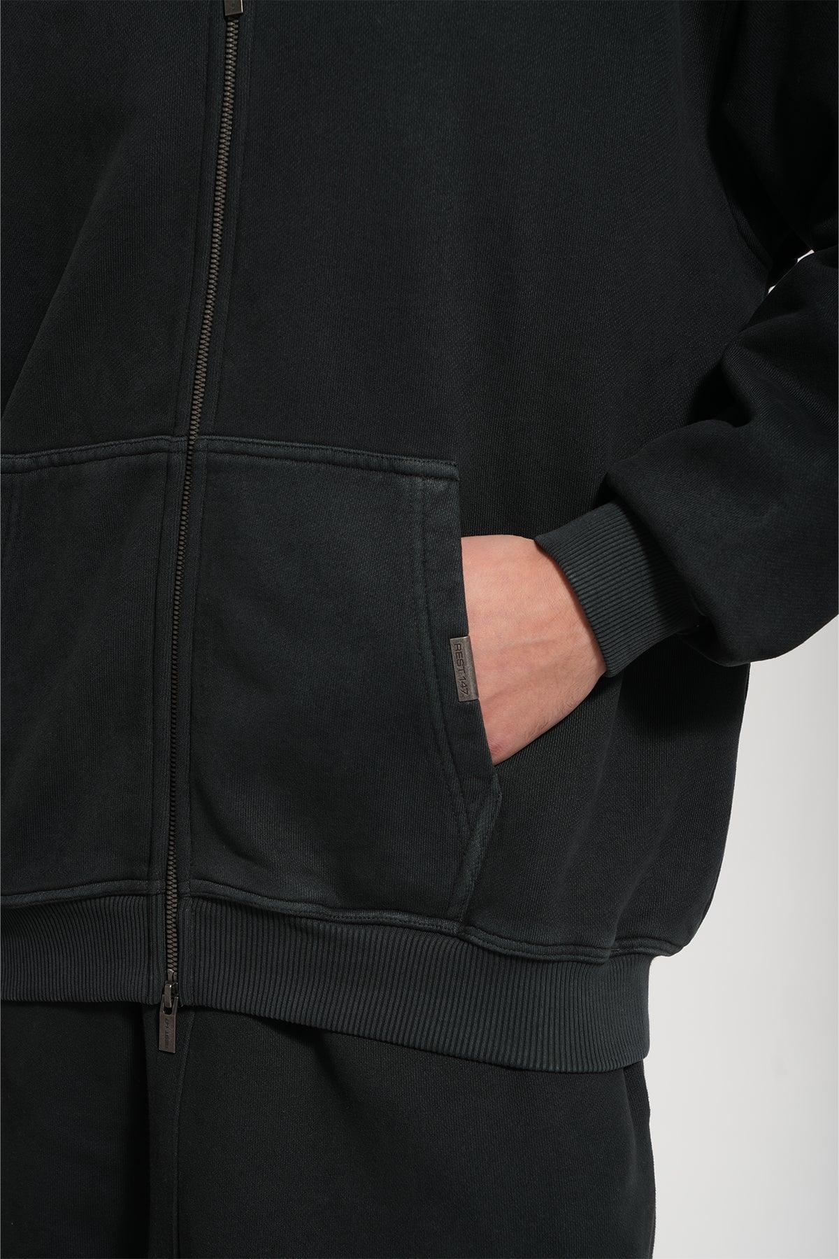 Erkek Oversized Washed Zip Hoodie - Siyah
