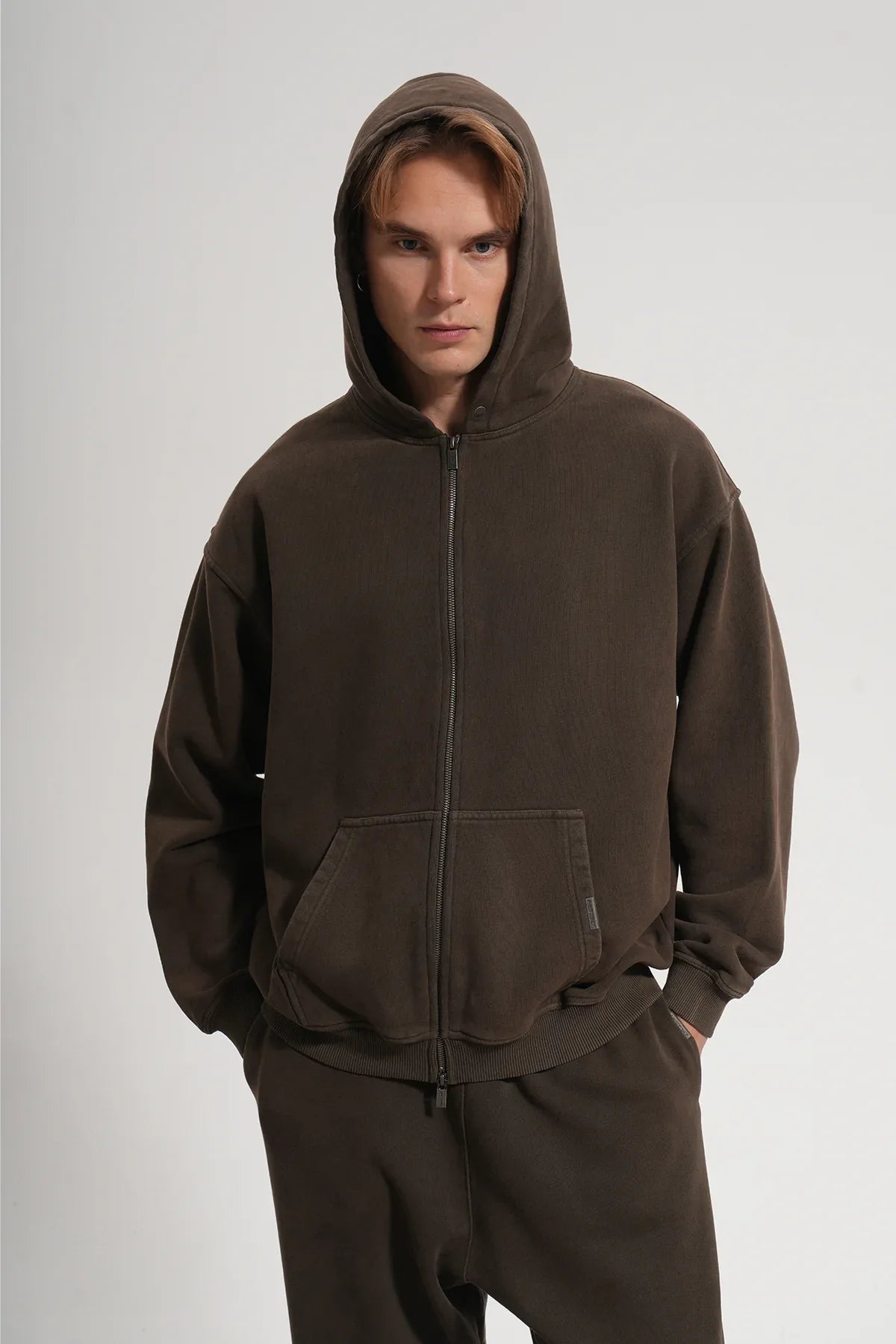 Erkek Oversized Washed Zip Hoodie - Kahverengi