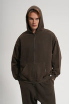 Erkek Oversized Washed Zip Hoodie - Kahverengi