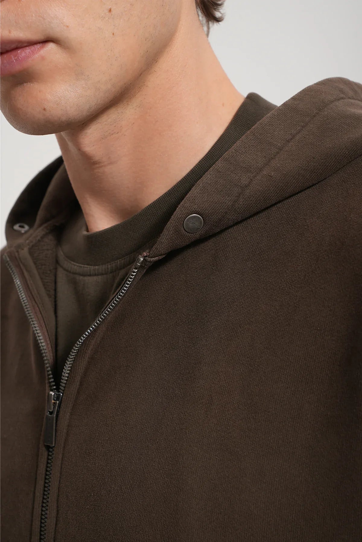 Erkek Oversized Washed Zip Hoodie - Kahverengi