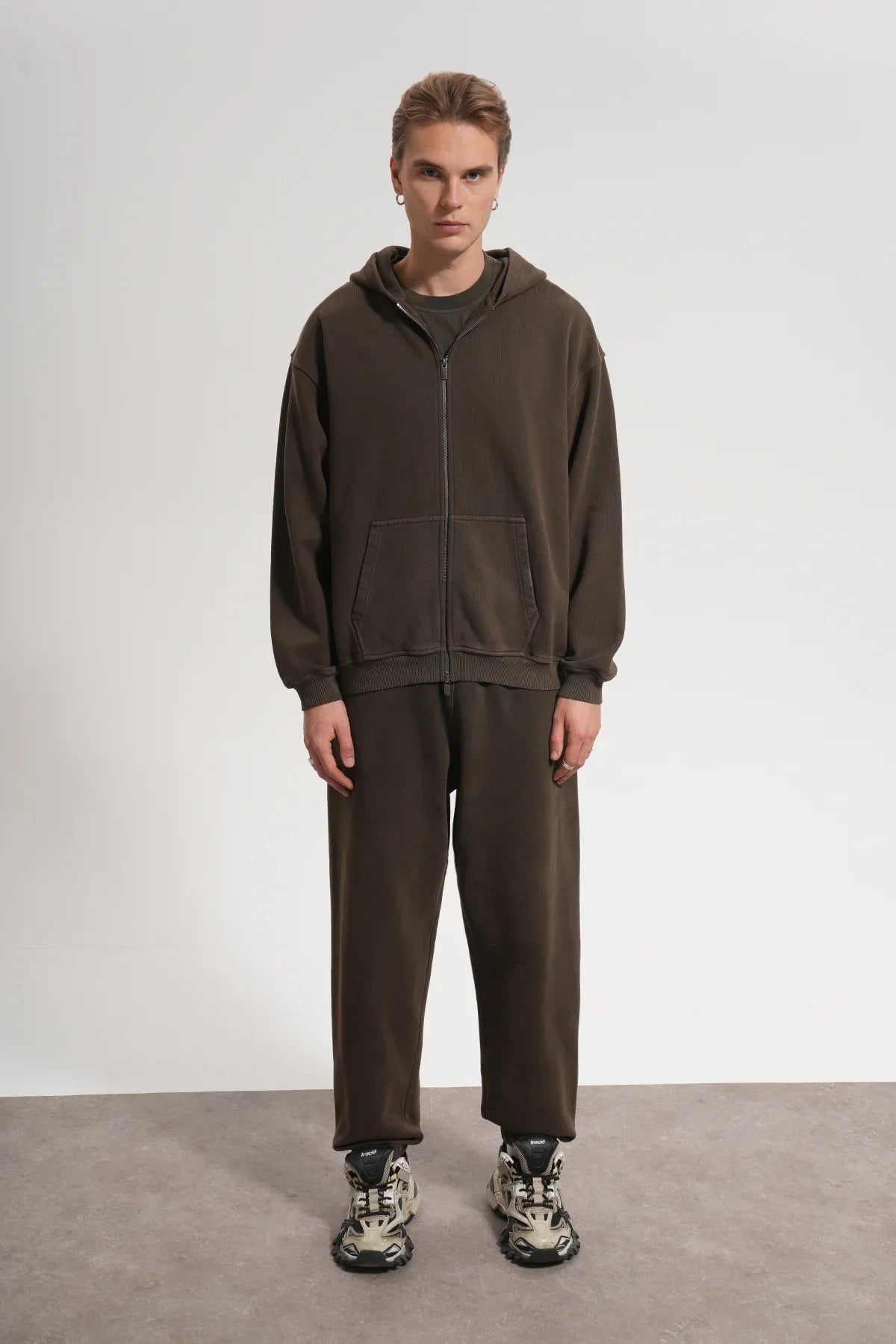 Erkek Oversized Washed Zip Hoodie - Kahverengi