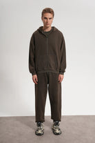 Erkek Oversized Washed Zip Hoodie - Kahverengi