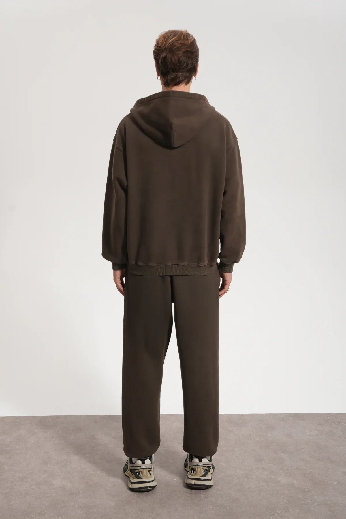 Erkek Oversized Washed Zip Hoodie - Kahverengi