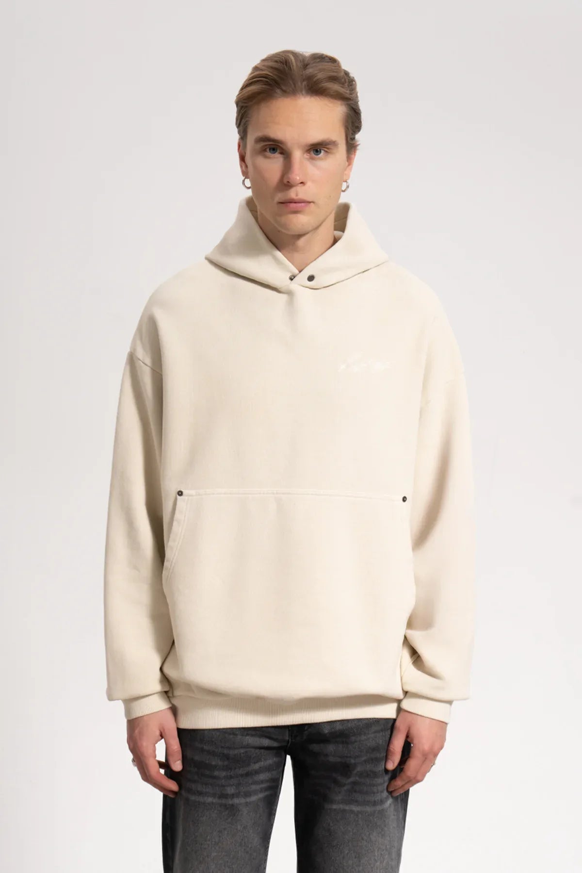 Erkek Oversized Washed Embroidered Hoodie - Bej