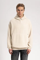 Erkek Oversized Washed Embroidered Hoodie - Bej