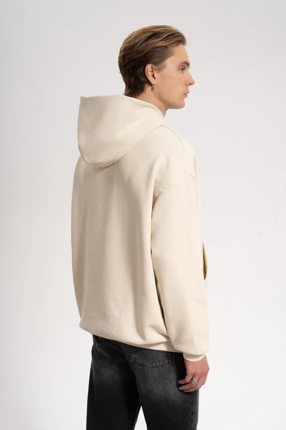 Erkek Oversized Washed Embroidered Hoodie - Bej