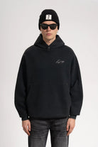 Erkek Oversized Washed Embroidered Hoodie - Siyah