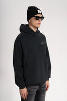 Erkek Oversized Washed Embroidered Hoodie - Siyah