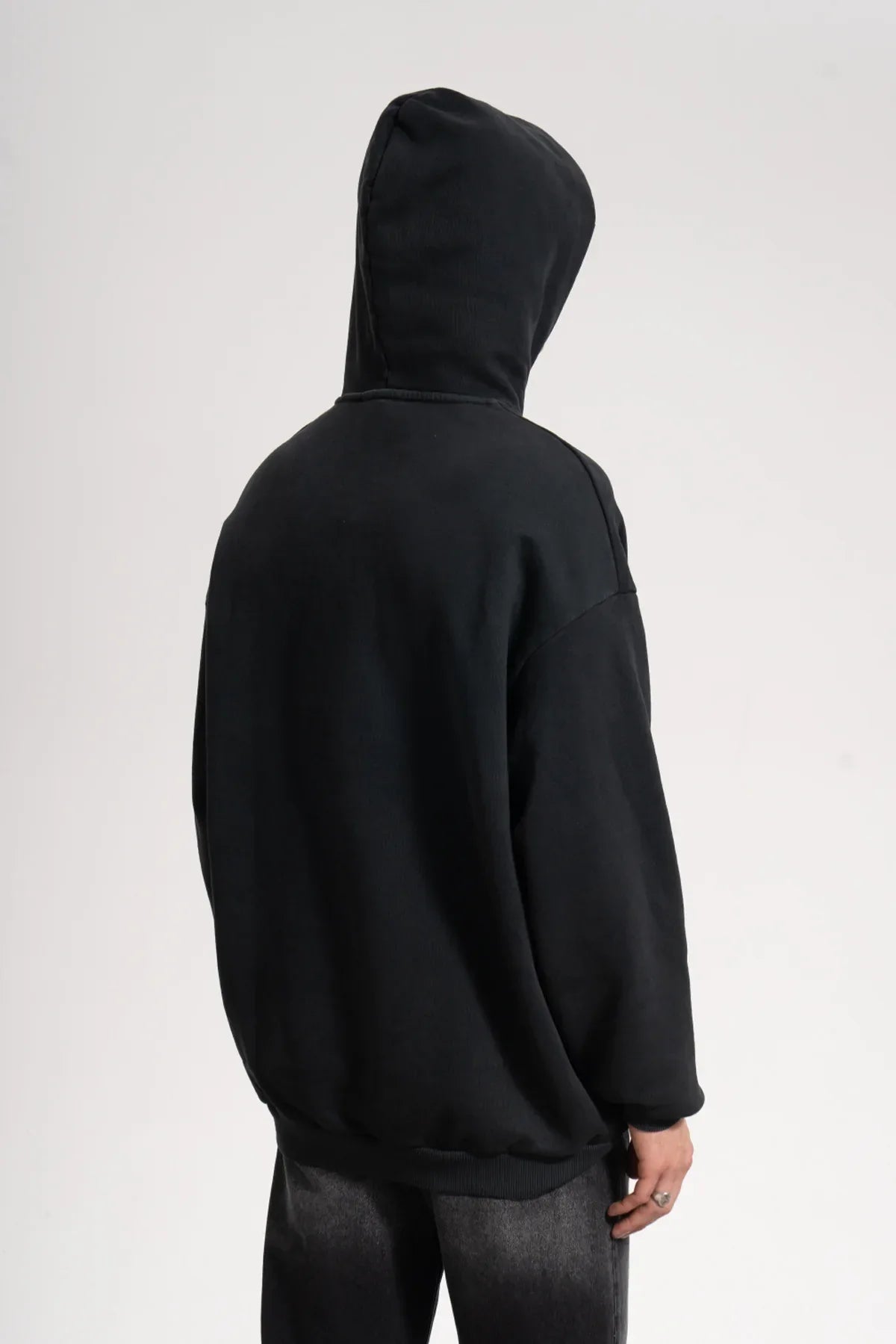 Erkek Oversized Washed Embroidered Hoodie - Siyah