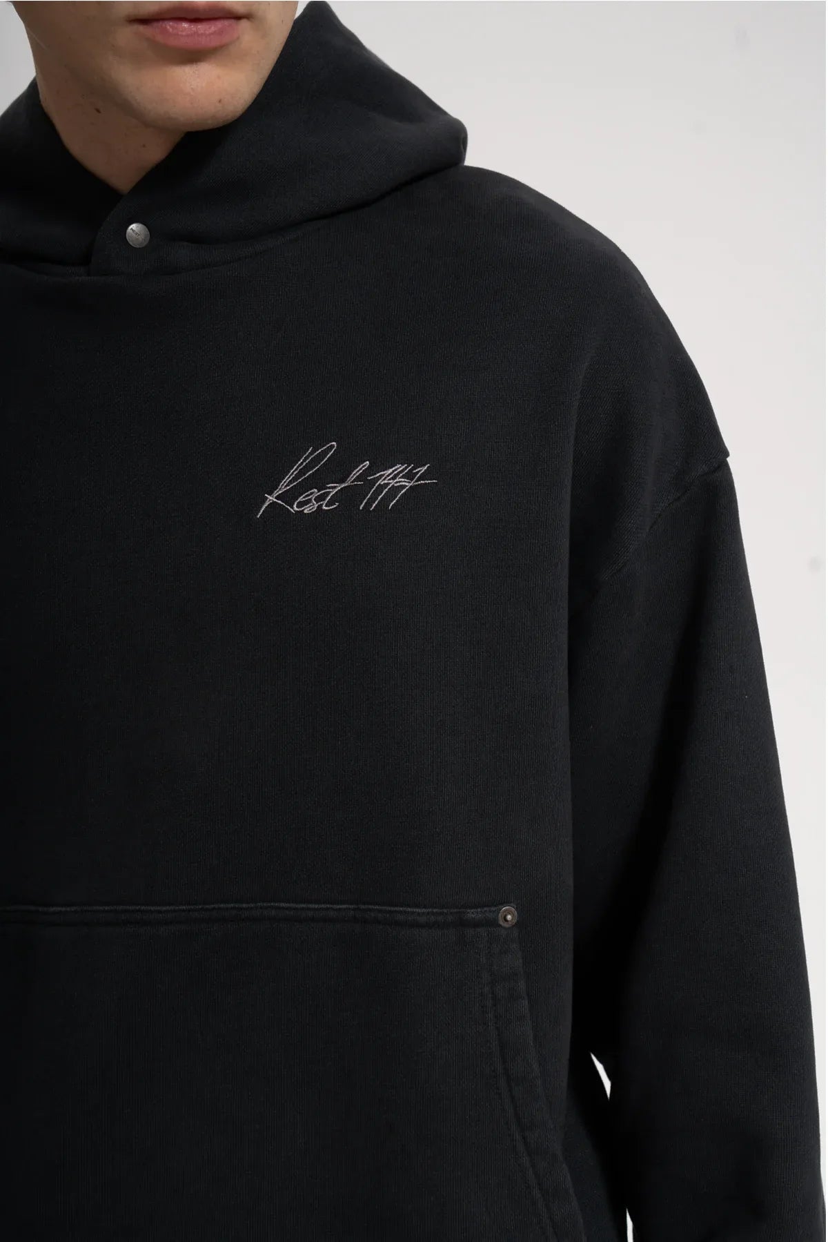 Erkek Oversized Washed Embroidered Hoodie - Siyah