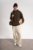 Erkek Oversized Washed Embroidered Hoodie - Kahverengi