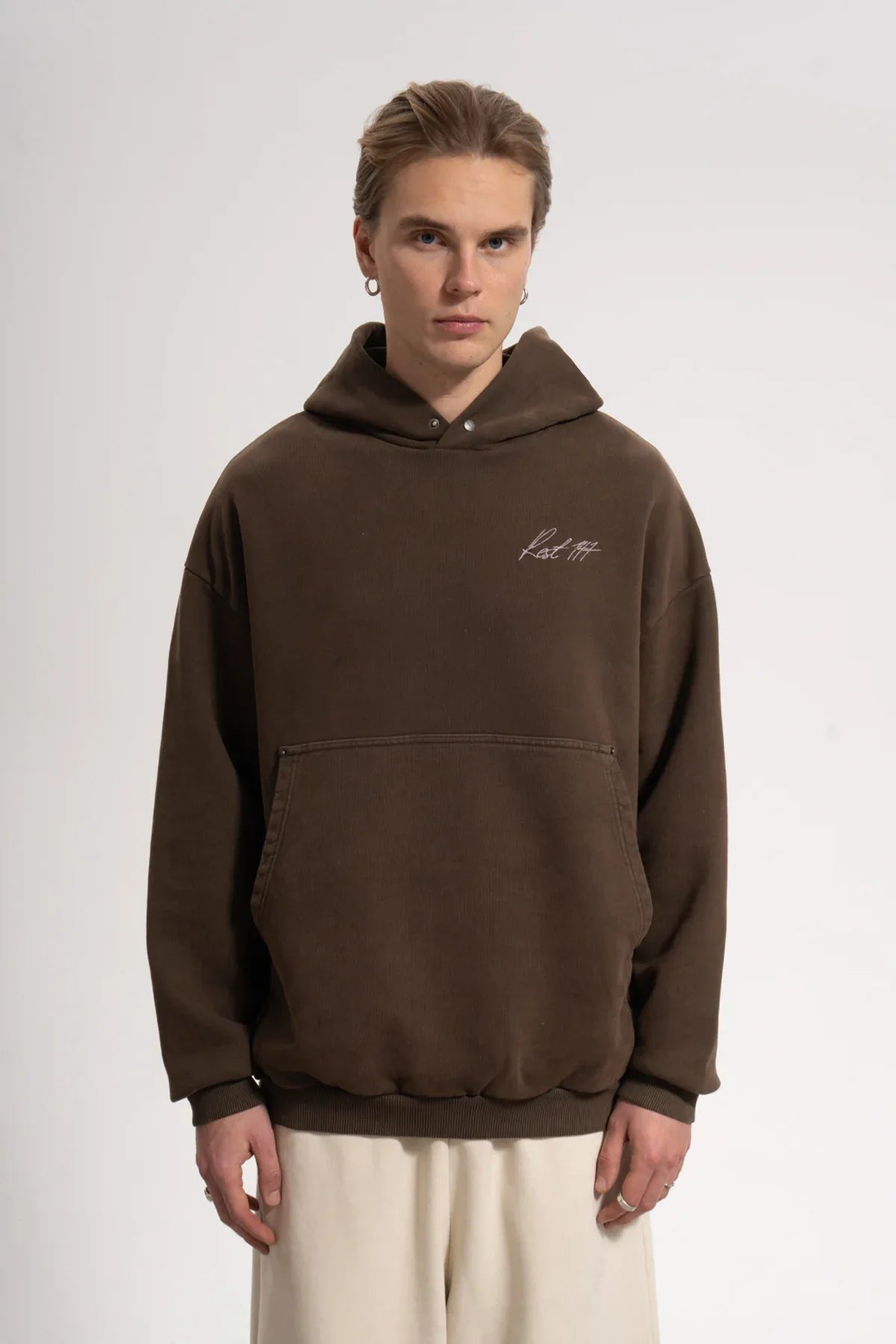 Erkek Oversized Washed Embroidered Hoodie - Kahverengi