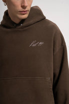 Erkek Oversized Washed Embroidered Hoodie - Kahverengi