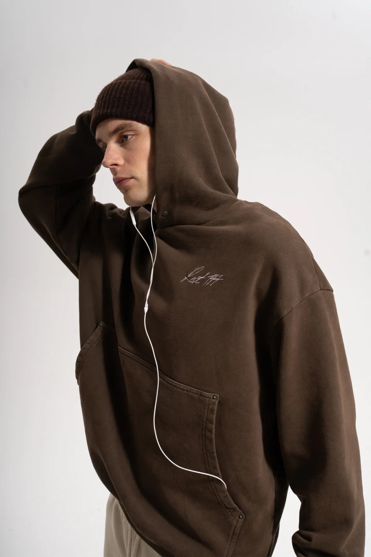 Erkek Oversized Washed Embroidered Hoodie - Kahverengi