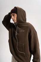 Erkek Oversized Washed Embroidered Hoodie - Kahverengi