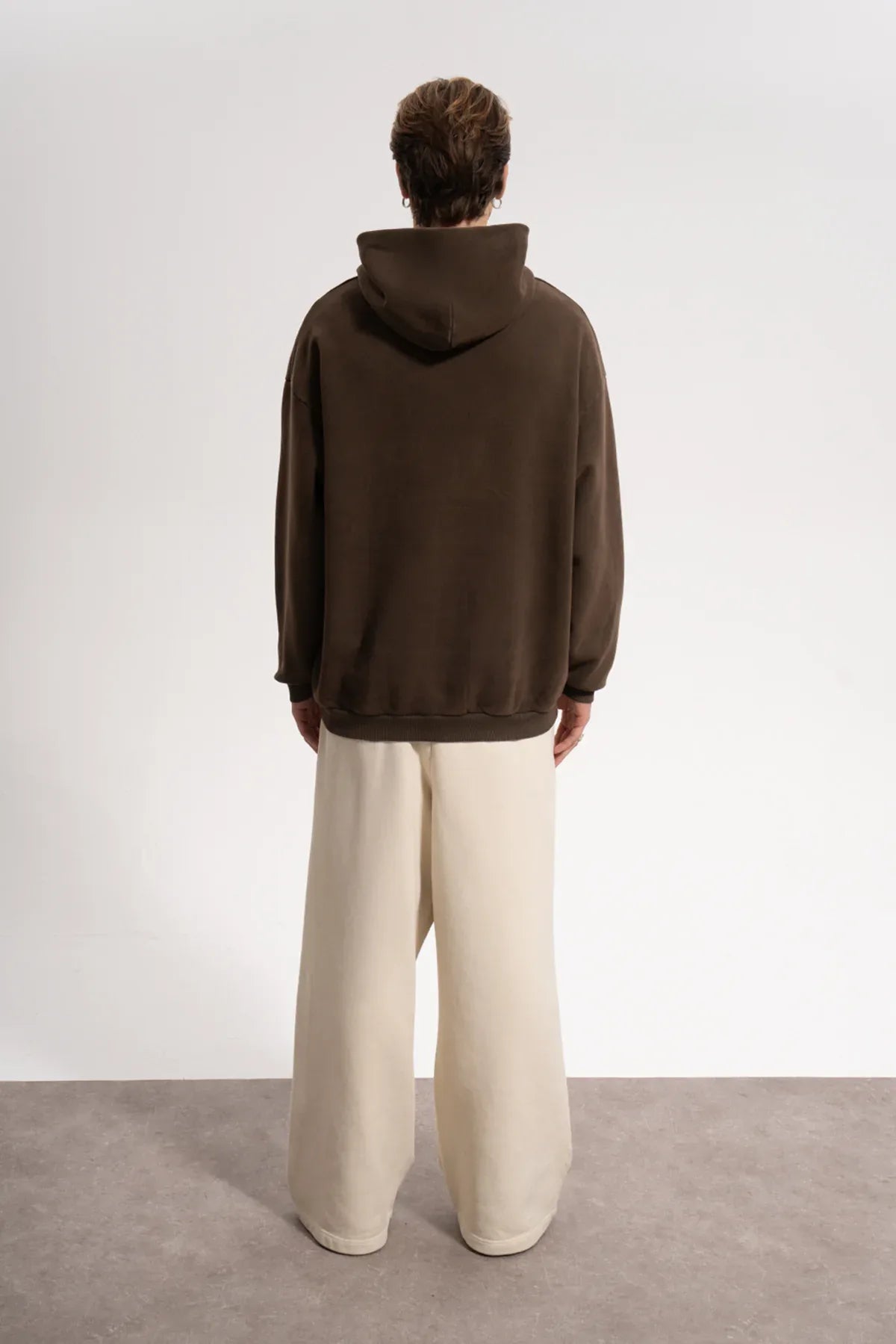 Erkek Oversized Washed Embroidered Hoodie - Kahverengi