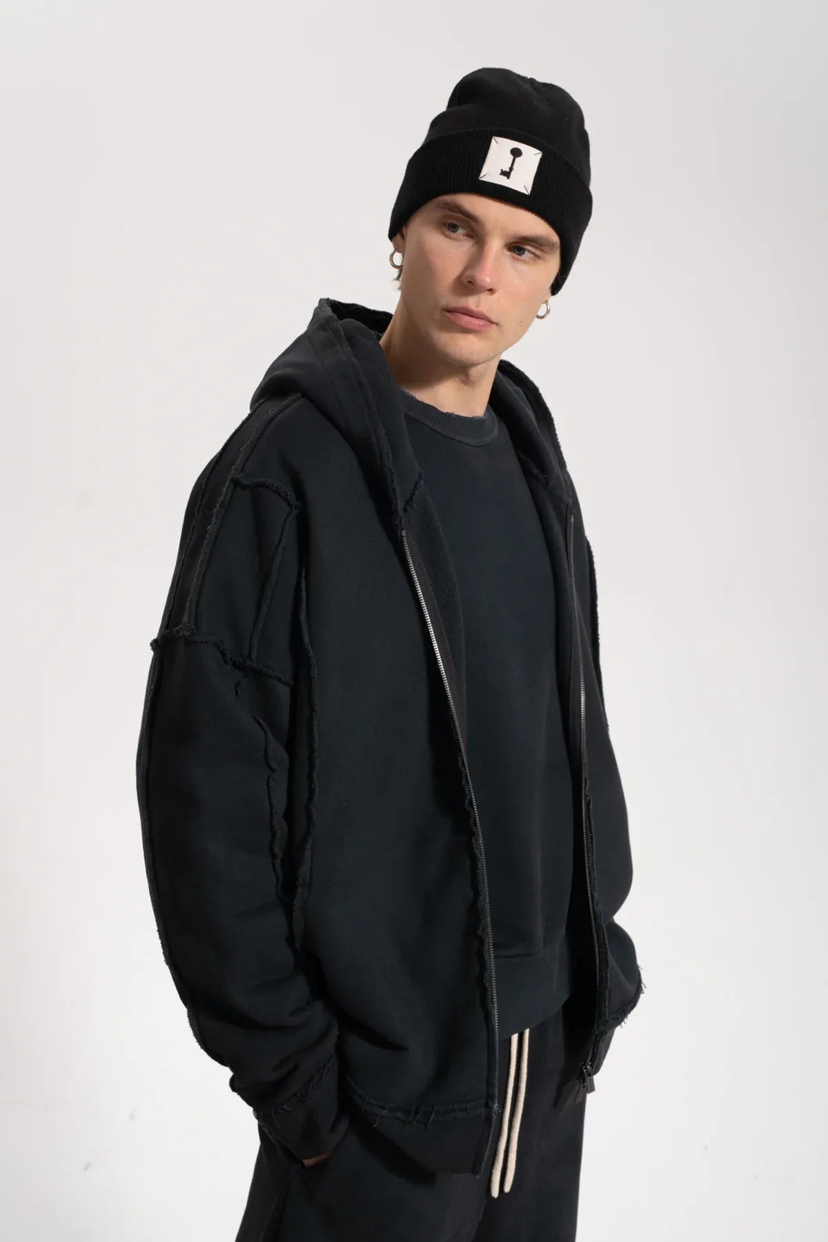 Erkek Oversized Washed Raw Seam Zip Hoodie - Siyah