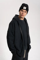 Erkek Oversized Washed Raw Seam Zip Hoodie - Siyah