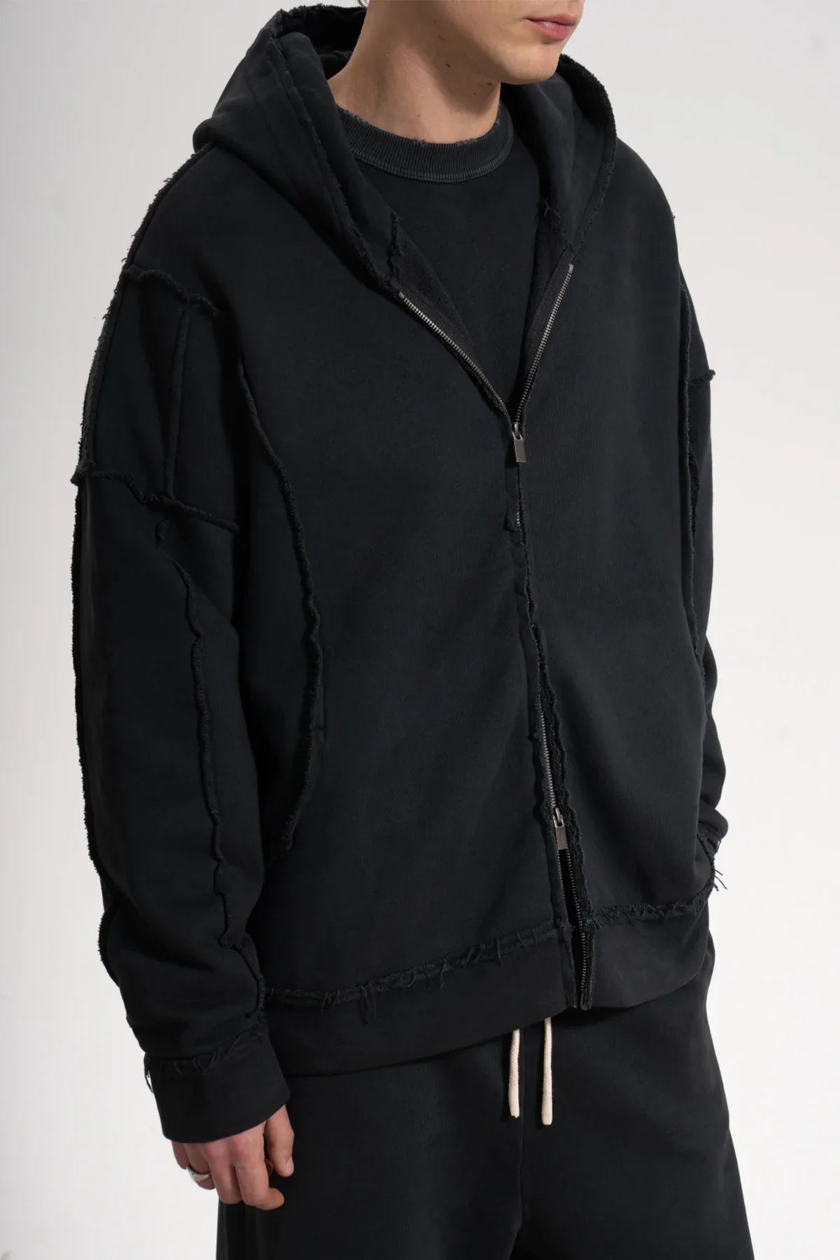 Erkek Oversized Washed Raw Seam Zip Hoodie - Siyah