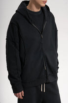 Erkek Oversized Washed Raw Seam Zip Hoodie - Siyah