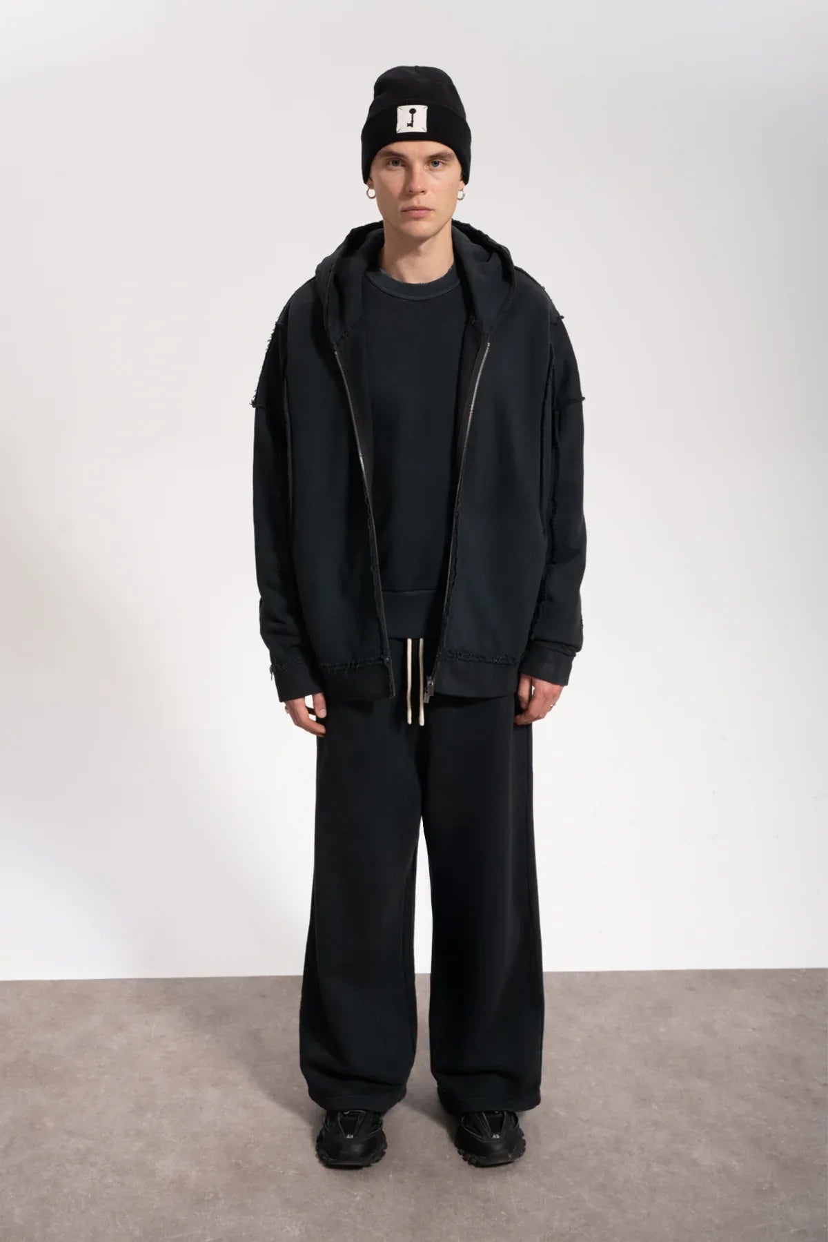 Erkek Oversized Washed Raw Seam Zip Hoodie - Siyah